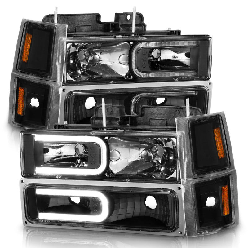 ANZO 88-98 Chevrolet C1500 Crystal Headlight Set with Light Bar, Black Housing, Clear Lens - Pair