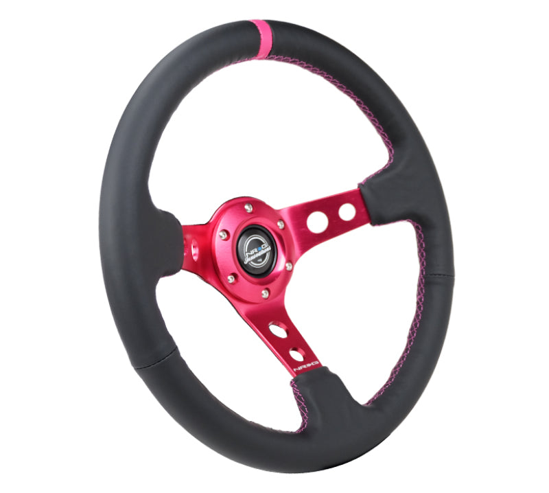 NRG Reinforced Steering Wheel 350mm Deep Black Leather with Fushia Center Mark and Stitching (Part Number: nrgRST-006FH)