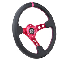 Load image into Gallery viewer, NRG Reinforced Steering Wheel 350mm Deep Black Leather with Fushia Center Mark and Stitching (Part Number: nrgRST-006FH)