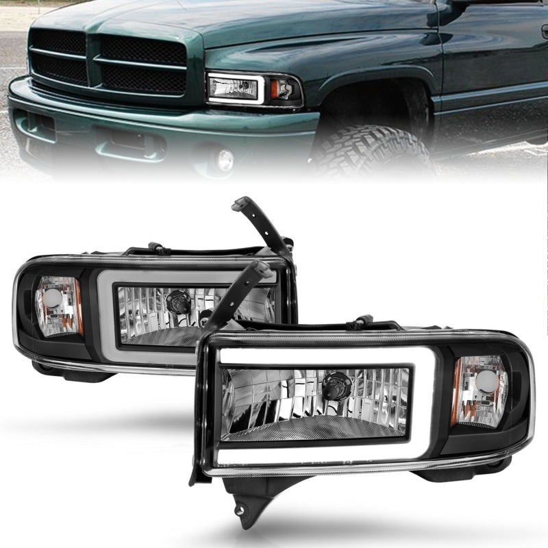 ANZO 94-02 Dodge Ram Crystal Headlight with Light Bar – Black Housing, Pair