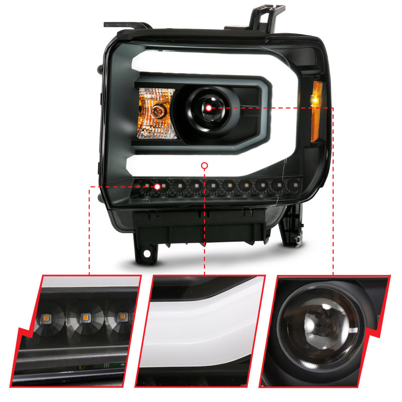 ANZO GMC Sierra 1500 14-15 & 2500HD/3500HD Projector Headlight Set with Plank Style Switchback, Black Finish