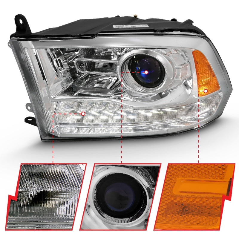 ANZO 2009-2018 Dodge Ram 1500 Projector Headlight Set with Halo and Plank Style Switchback - Chrome Housing, Clear Lens, Pair