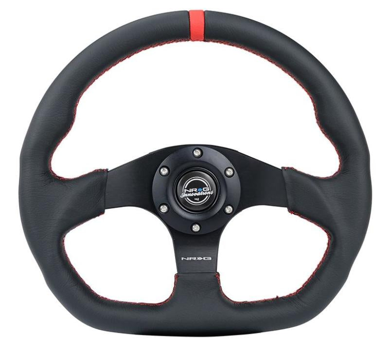 NRG Reinforced 320mm Sport Leather Flat Bottom Steering Wheel with Red Center Mark and Stitching