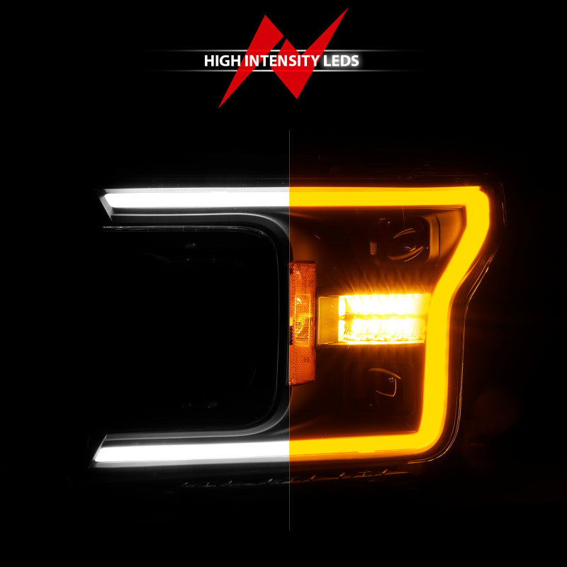 ANZO 18-20 Ford F-150 Full LED Projector Headlights with Light Bar Switchback and Sequential Turn Signal - Black Housing, Clear Lens, Pair