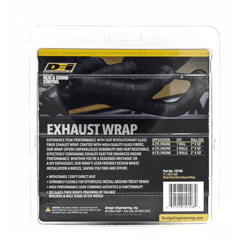 DEI 2-Inch x 50-Foot Black Glass Fiber Exhaust Wrap - Superior Heat Management for Automotive Performance