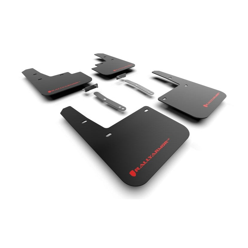 Rally Armor 22-23 Hyundai Kona N-Line Black UR Mud Flap with Red Logo, Part Number RALMF93-UR-BLK-RD