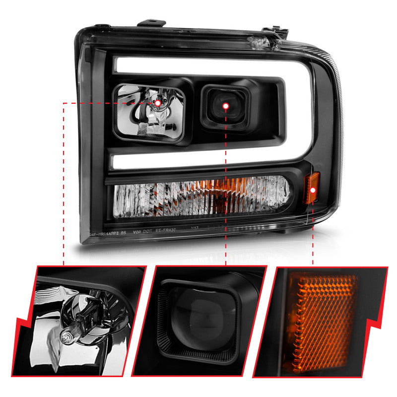 ANZO 99-04 Ford F-250/F-350/F-450 and Excursion Projector Headlights with Light Bar, Black Housing - Part ANZ111551