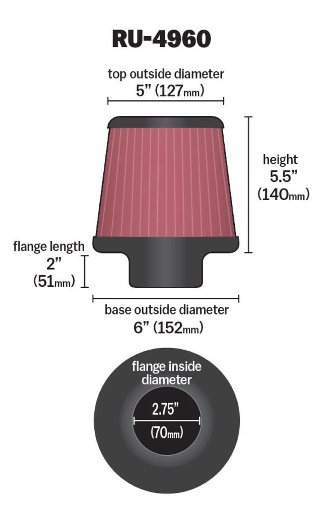 K&N Universal Rubber Air Filter with 2 3/4-inch Flange for Automotive Applications