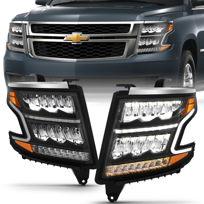 ANZO 15-20 Chevy Tahoe and Suburban LED Headlight Set with Sequential Amber and Black Housing