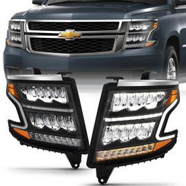 ANZO 15-20 Chevy Tahoe and Suburban LED Headlight Set with Sequential Amber and Black Housing
