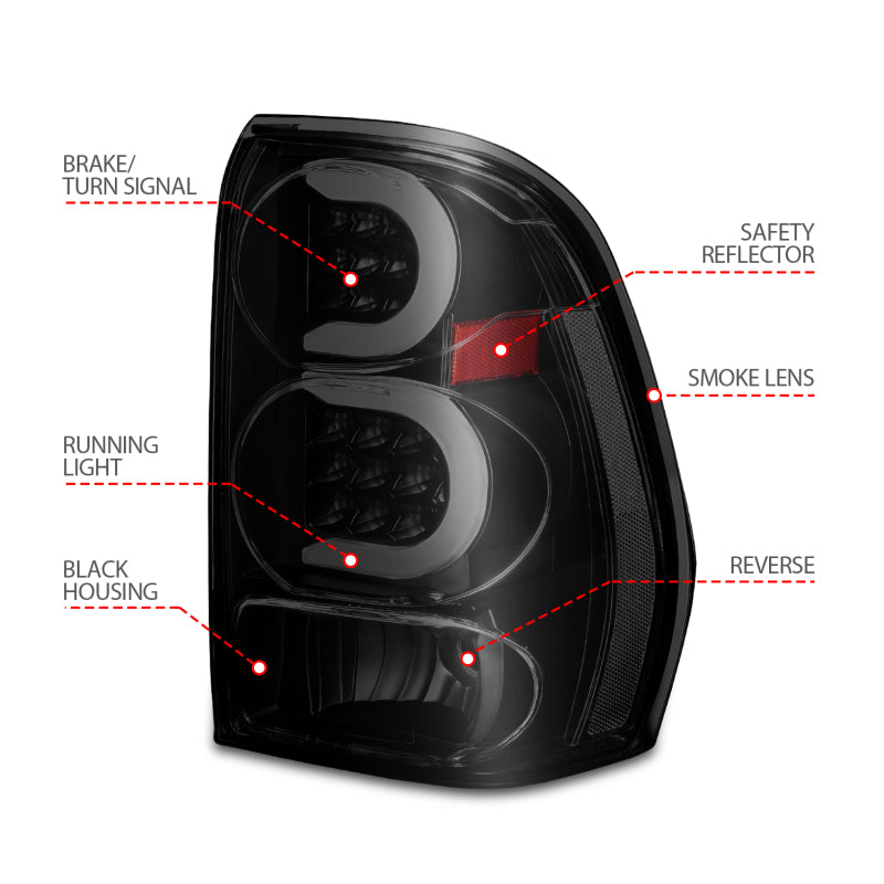 ANZO 2002-2009 Chevrolet Trailblazer LED Tail Lights with Light Bar, Black Housing, Smoke Lens