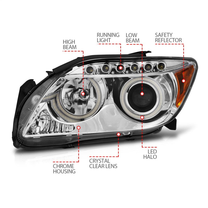 ANZO 2005-2010 Scion tC Projector Headlights with Halo - Chrome Housing and CCFL, Pair
