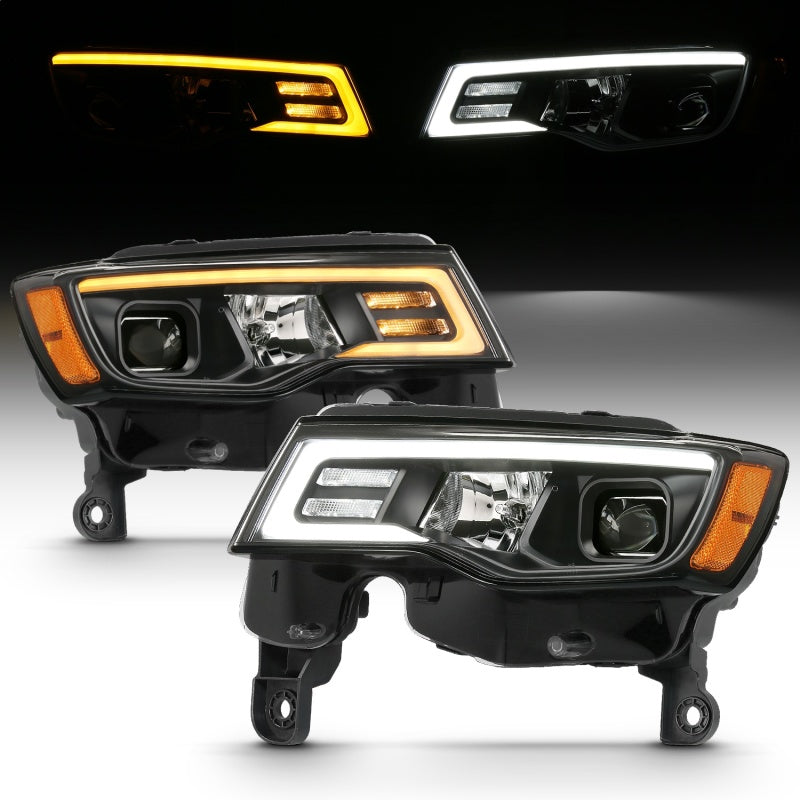 ANZO 2017-2018 Jeep Grand Cherokee Projector Headlights with Plank Style Switchback - Black with Amber