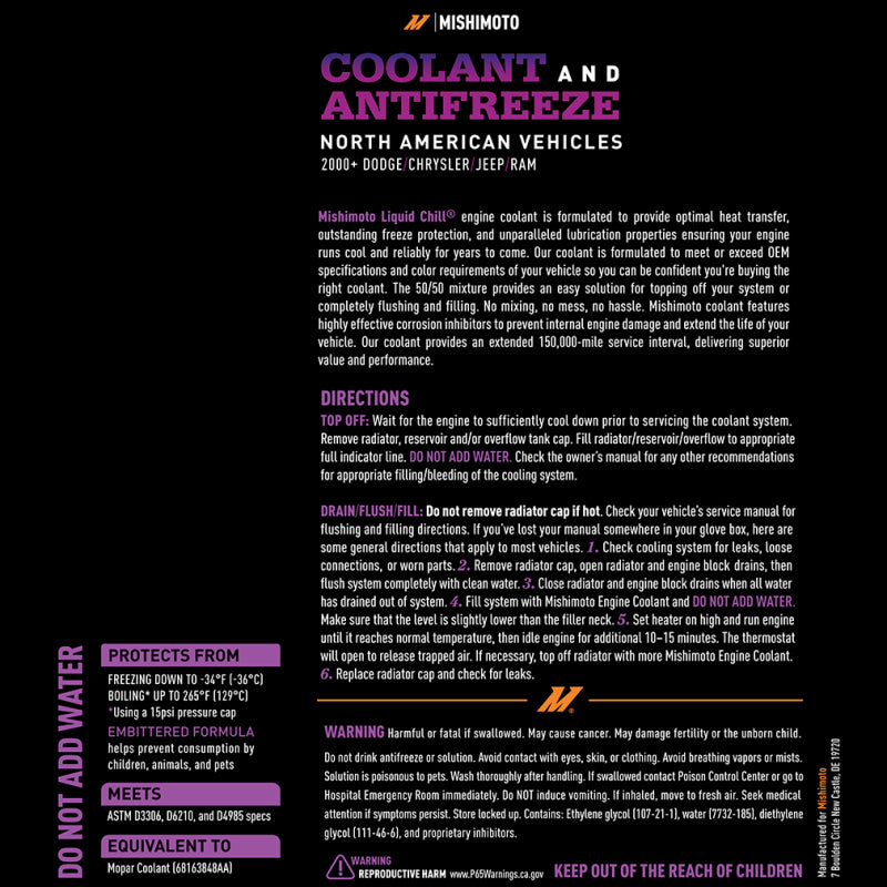 Mishimoto Liquid Chill OE Coolant for North American Vehicles – Purple, Part Number misMMRA-LC-EG-PR