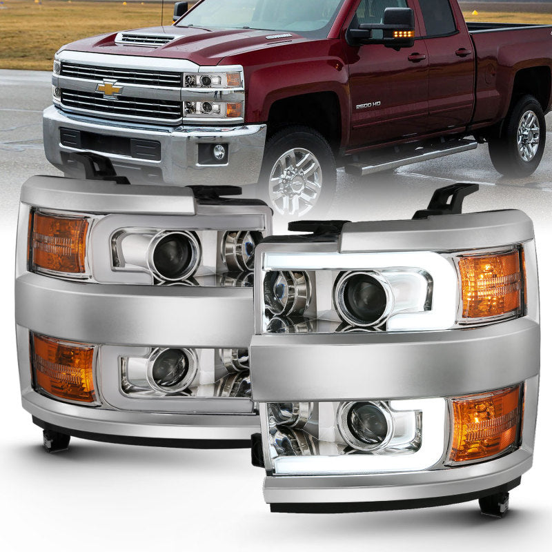 ANZO 2015-2016 Chevrolet Silverado Projector Headlights with Plank Style Design in Chrome and Amber