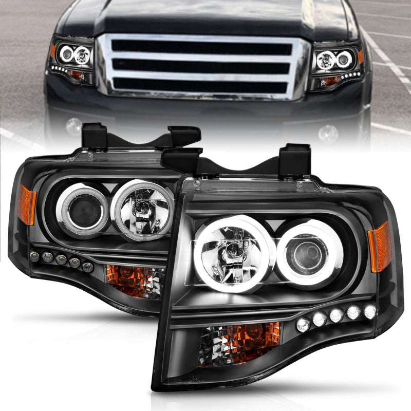 ANZO 2007-2014 Ford Expedition Projector Headlights with Halo and Black Housing