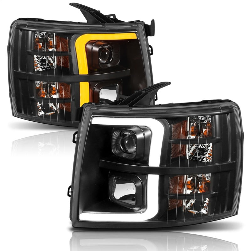 ANZO 07-13 Chevrolet Silverado Plank Style Projector Headlights with Amber Accents, Black Pair – Part Number anz111410