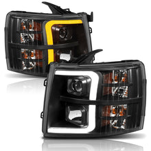 Load image into Gallery viewer, ANZO 07-13 Chevrolet Silverado Plank Style Projector Headlights with Amber Accents, Black Pair – Part Number anz111410