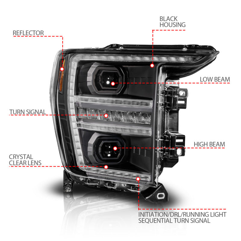 ANZO 21-23 Ford F-150 LED Projector Headlight Passenger Side with Switchback and Sequential Turn Signal - Black Housing