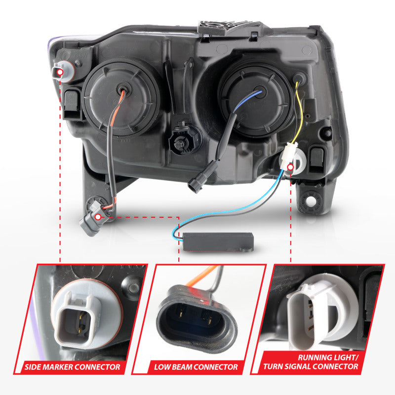 ANZO 11-13 Jeep Grand Cherokee Projector Headlights with Light Bar Switchback, Black Housing