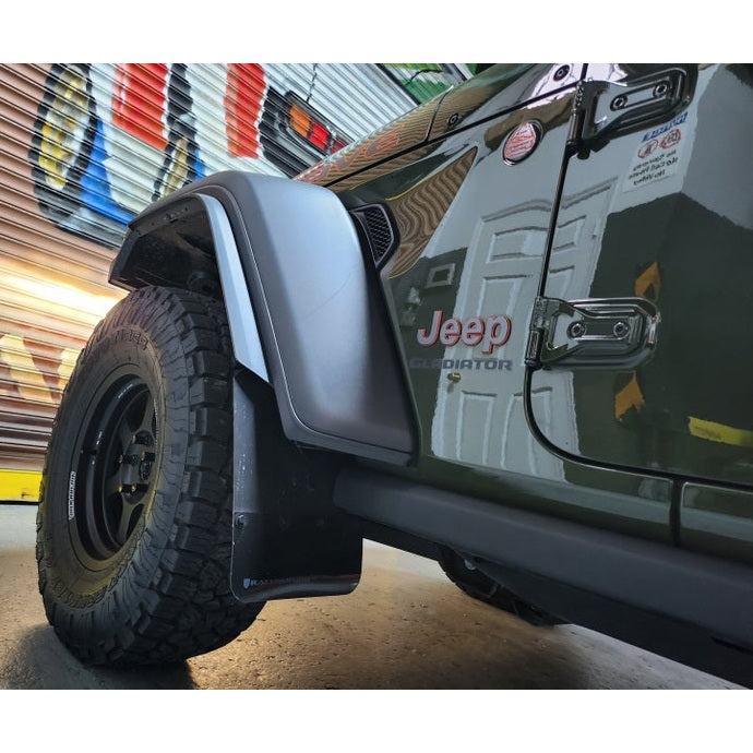 Rally Armor UR Series Mud Flaps for Jeep Gladiator 2020-2024 – Black with Grey Logo, Part Number RALMF104-BLK-GRY