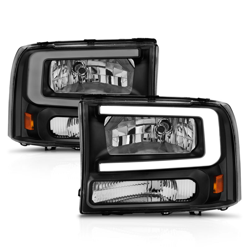 ANZO 99-04 Ford F-250/F-350/F-450 Crystal Headlights with Light Bar, Black Housing and Clear Lens