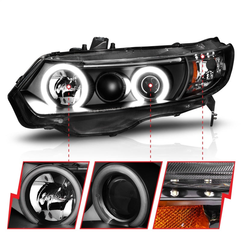 ANZO 2006-2011 Honda Civic Projector Headlights with Halo and Black Housing (CCFL)