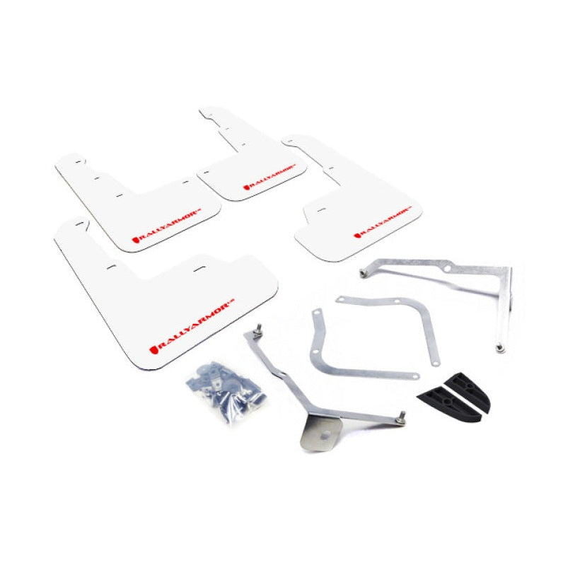 Rally Armor UR Series Mud Flaps for 2015-2018 Subaru WRX - White with Red Logo, Part Number RALMF32-UR-WH/RD