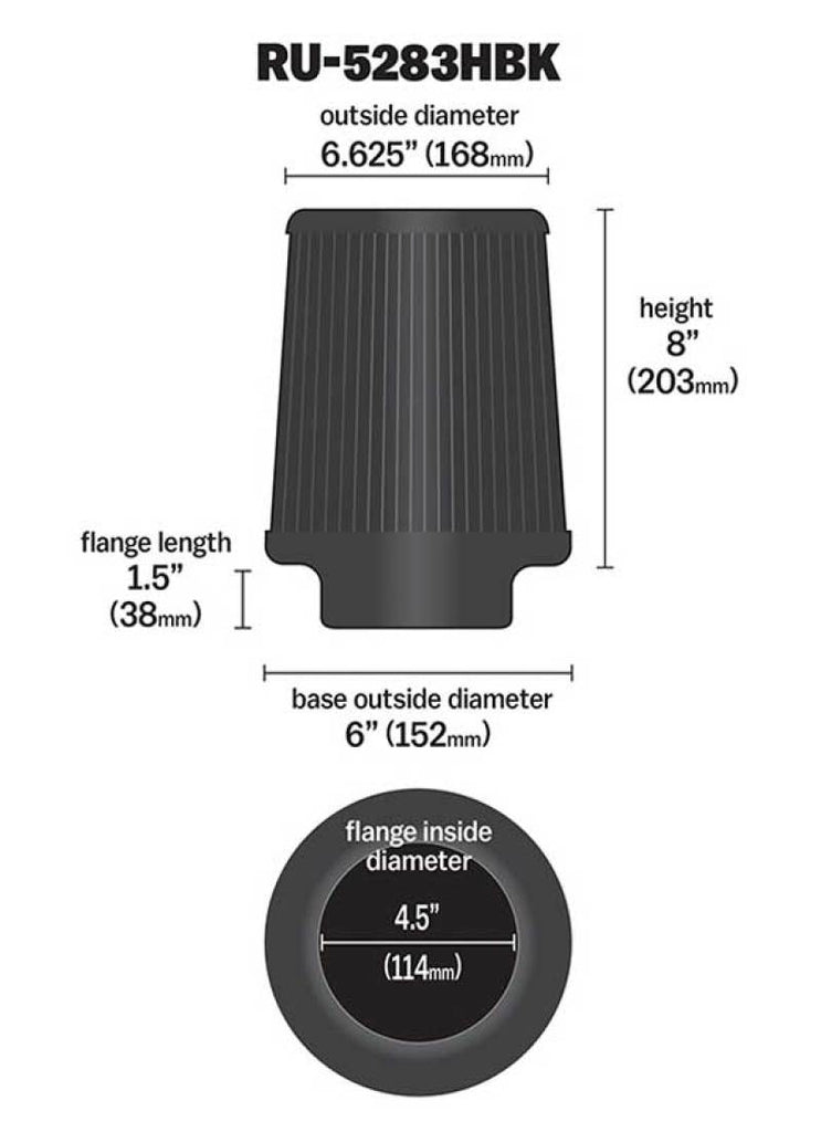 K&N Engineering Part RU-5283HBK Universal Rubber Round Tapered Air Filter for Ford F-250 Super Duty