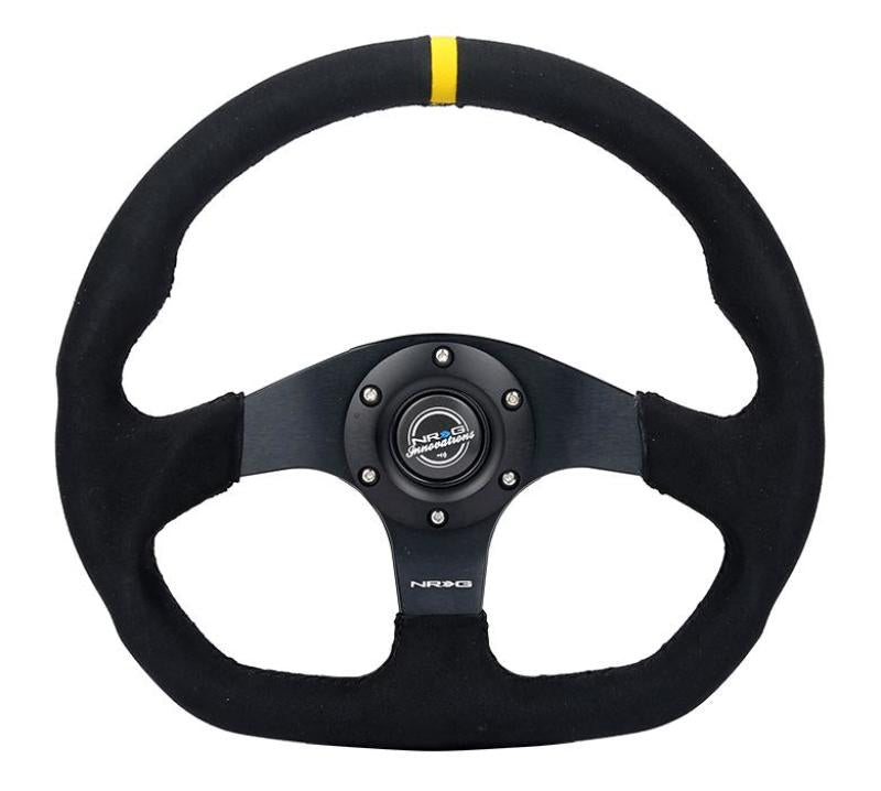 NRG Reinforced 320mm Sport Alcantara Flat Bottom Steering Wheel with Dual Push Buttons and Yellow Center Accent