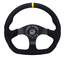 Load image into Gallery viewer, NRG Reinforced 320mm Sport Alcantara Flat Bottom Steering Wheel with Dual Push Buttons and Yellow Center Accent