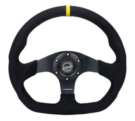 NRG Reinforced 320mm Sport Alcantara Flat Bottom Steering Wheel with Dual Push Buttons and Yellow Center Accent