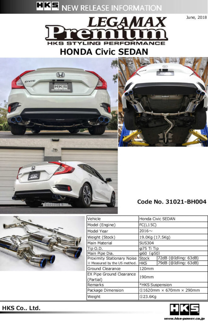 HKS Legamax Premium Exhaust System for Honda Civic Sedan FC - Part Number hks31021-BH004