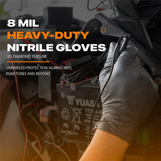 8 Mil Black Nitrile Gloves – Heavy Duty, 3D Raised Diamond Texture Grip – Industrial Mechanic, Food Grade – Disposable