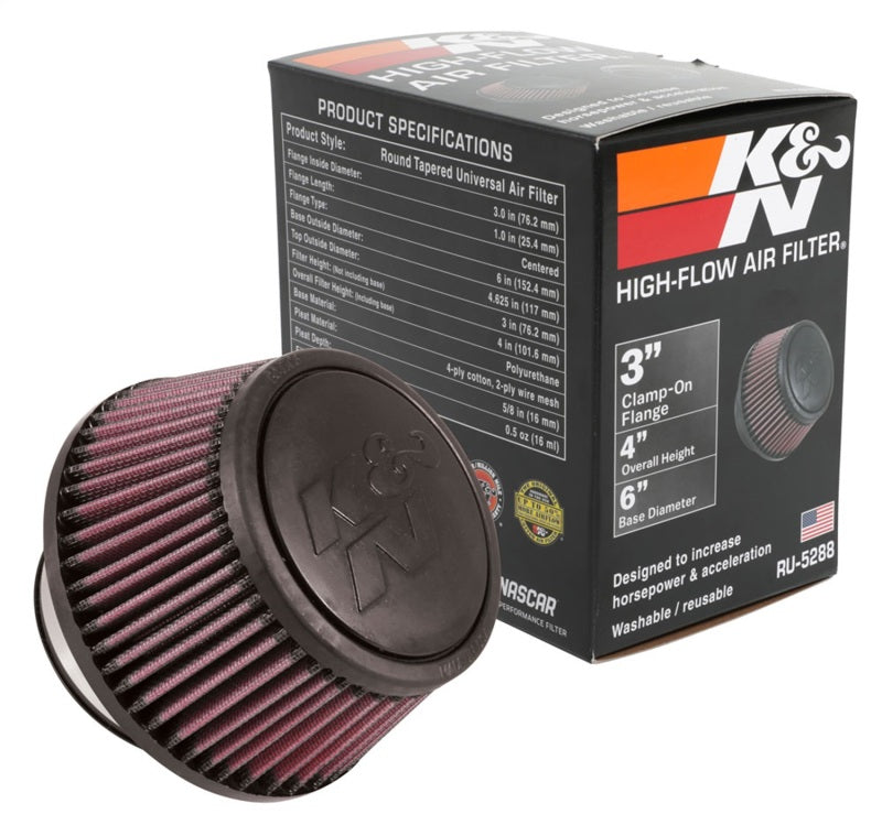 K&N Engineering Universal Round Clamp-On Air Filter 3-Inch Flange, 6-Inch Base OD, 4.625-Inch Top OD, 3-Inch Height