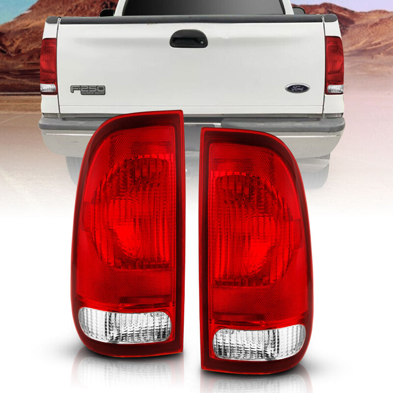 ANZO 377010 Tail Light Assembly for Ford F-150 and F-250 - Chrome Housing Red/Clear Lens – OE Replacement