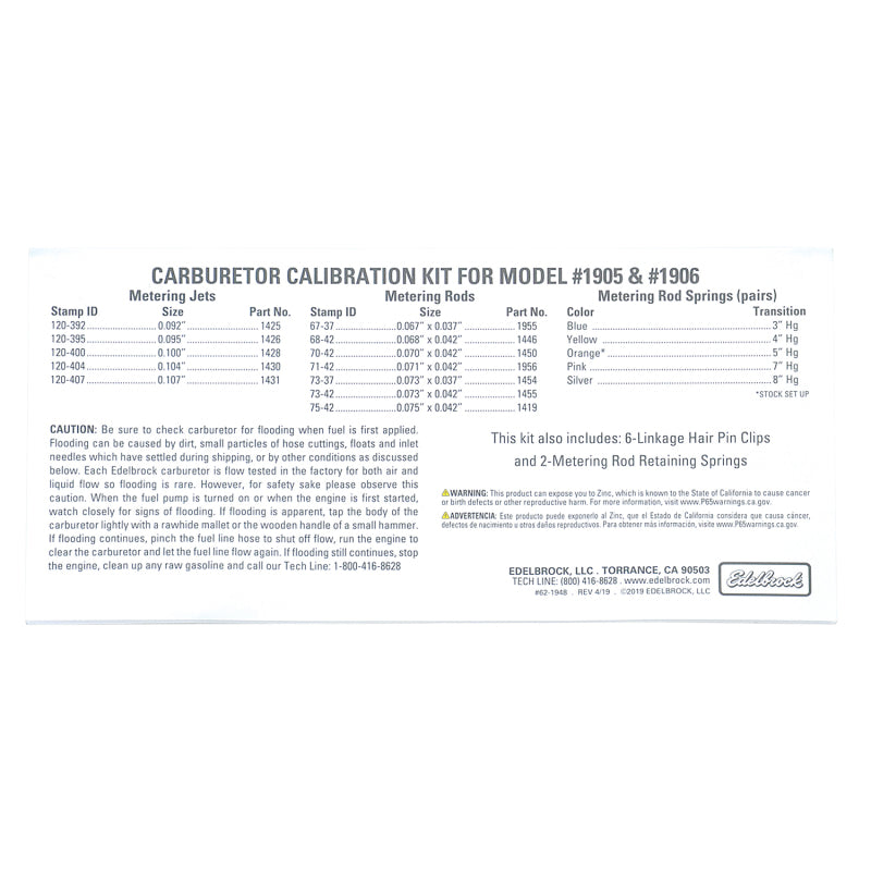 Edelbrock AVS2 Series Carburetor Calibration Kit #1948 for 1905 and 1906 Models