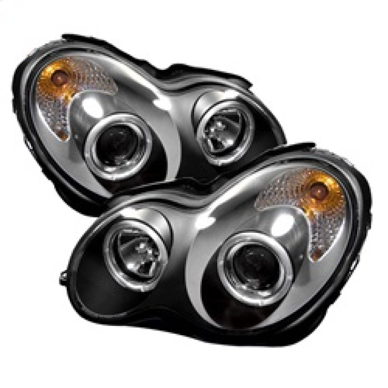 Spyder Mercedes-Benz C-Class 2001-2005 Halogen Projector Headlights with Black Finish and Halo Rings - Part Number PRO-YD-MBW203-HL-BK