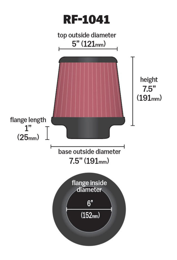 K&N Engineering Round Tapered Universal Air Filter - 6 Inch Flange, 7.5 Inch Base, 5 Inch Top, 7.5 Inch Height