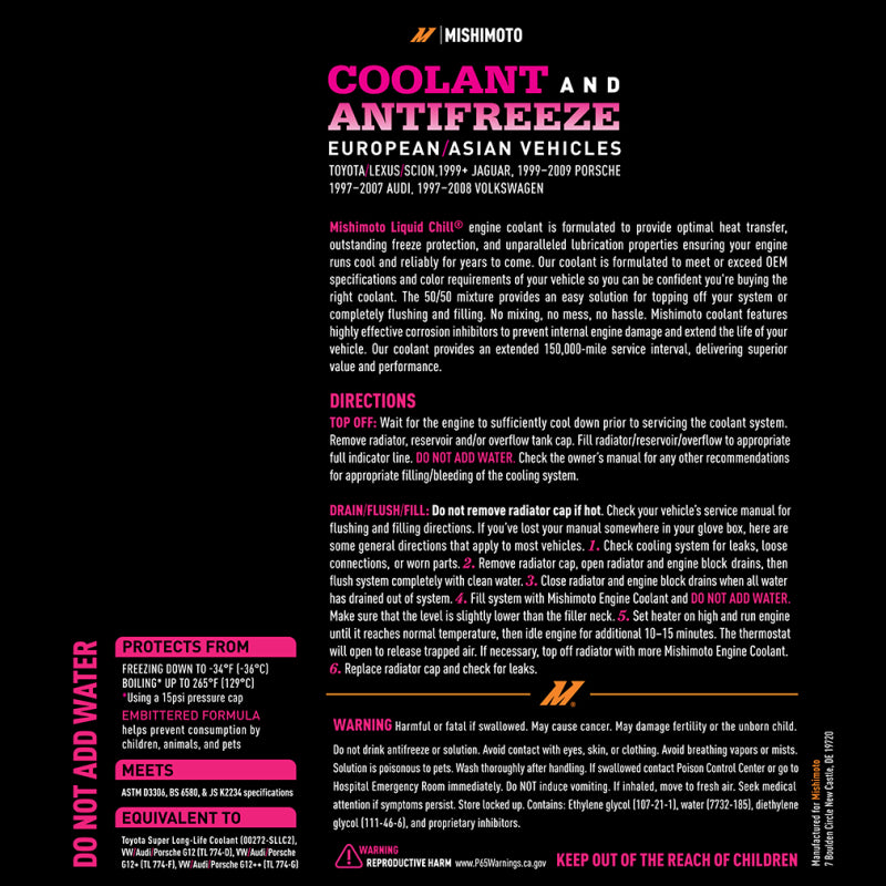 Mishimoto Liquid Chill OE Coolant for European and Asian Vehicles - 1 Gallon Pink/Red Part Number misMMRA-LC-EG-PK