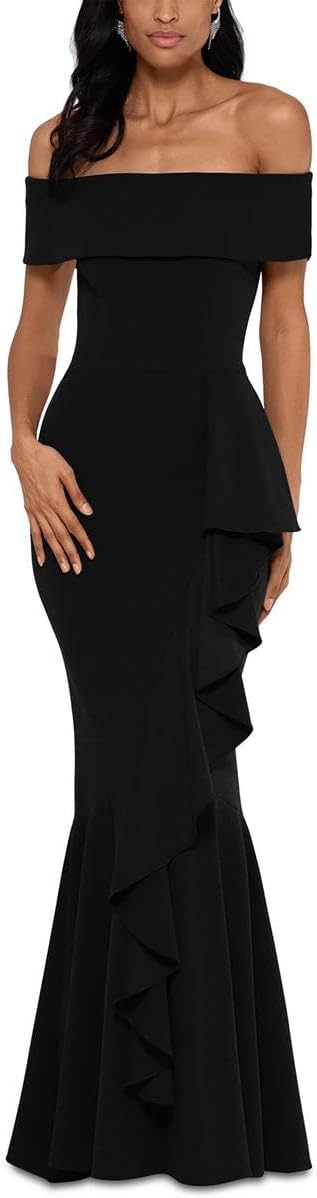 Betsy & Adam Women's Long Off Shoulder Cascade Ruffle Stretch Scuba Crepe Gown, Black