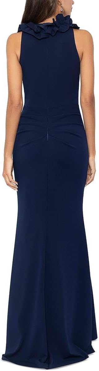 Xscape Long Scuba Crepe V-Neck Ruffle Navy 4