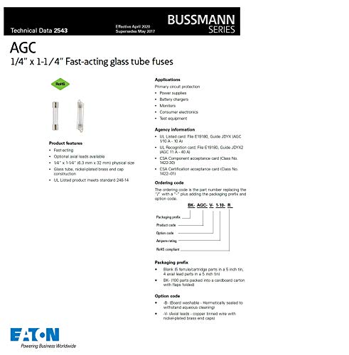 Bussmann AGC-3 AGC Series Fuse, Fast Acting, 3 Amp, 250V, Glass Tube, 1/4" x 1-1/4" (Pack of 5)