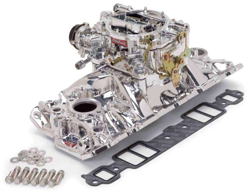 Edelbrock Part #2021 Small-Block Chevy Single-Quad Manifold and Carburetor Kit with Chrome Finish