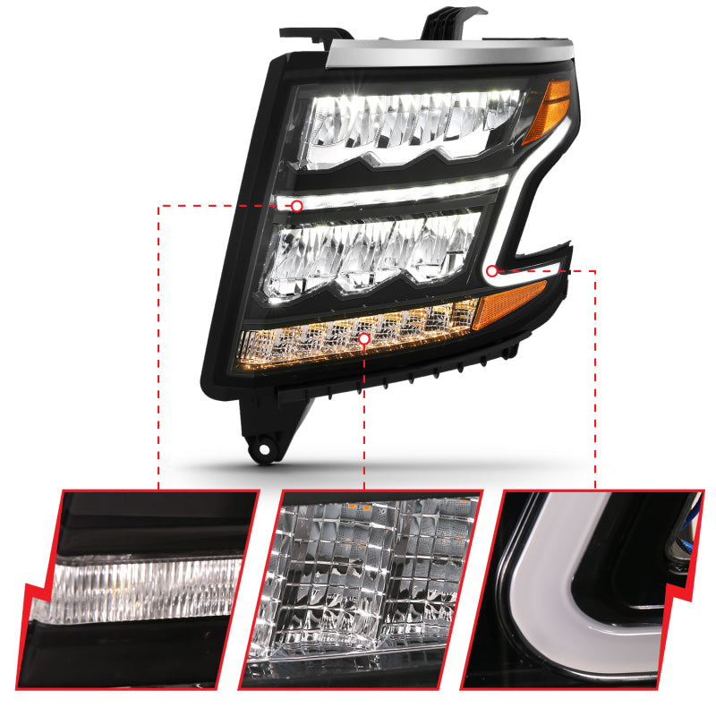 ANZO 15-20 Chevy Tahoe and Suburban LED Headlight Set with Sequential Amber and Black Housing
