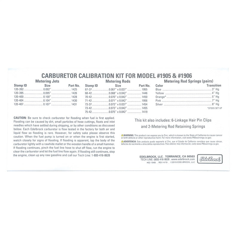 Edelbrock AVS2 Series Carburetor Calibration Kit #1948 for 1905 and 1906 Models