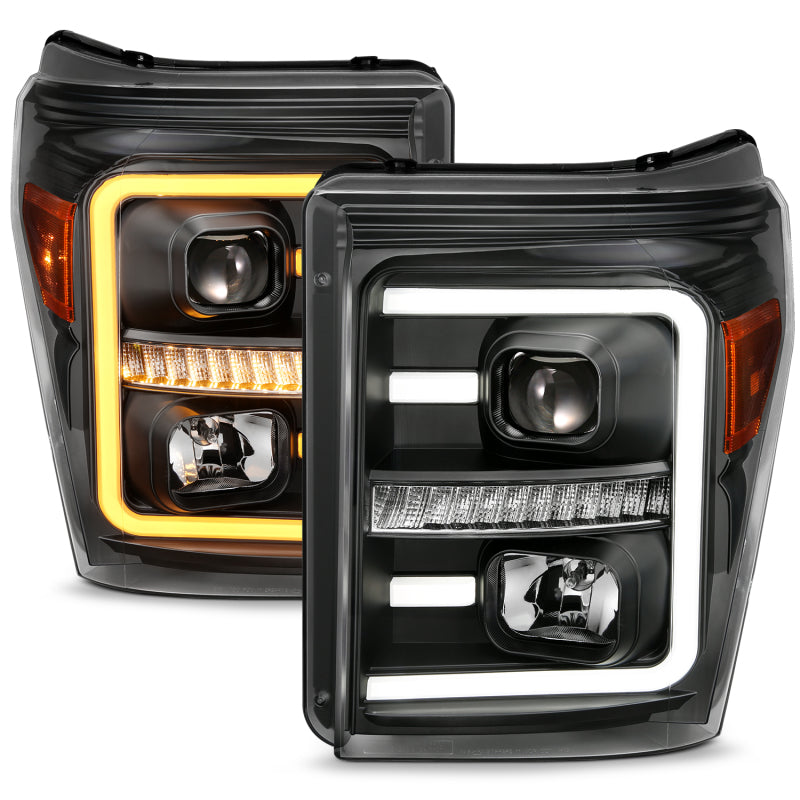 ANZO 2011-2016 Ford F250 Projector Headlights with Plank Style Switchback, Black with Amber – Pair