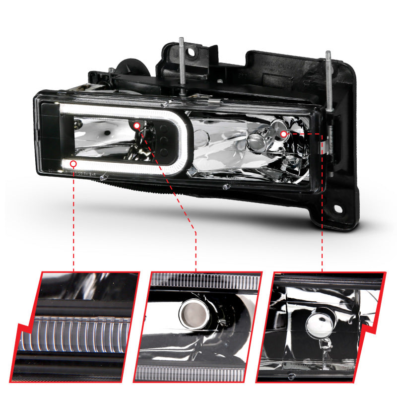ANZO 1999-2000 Cadillac Escalade Crystal Headlights with LED Light Bar - Black Housing, Clear Lens (Pair)