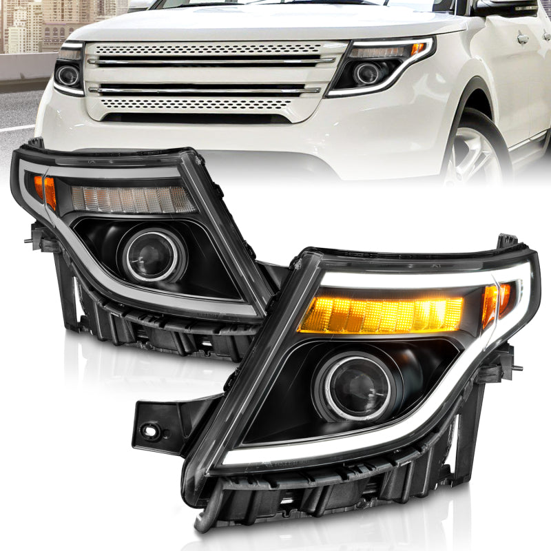 ANZO 11-15 Ford Explorer Projector Headlights with Light Bar, Black Housing – Improved Style & Performance