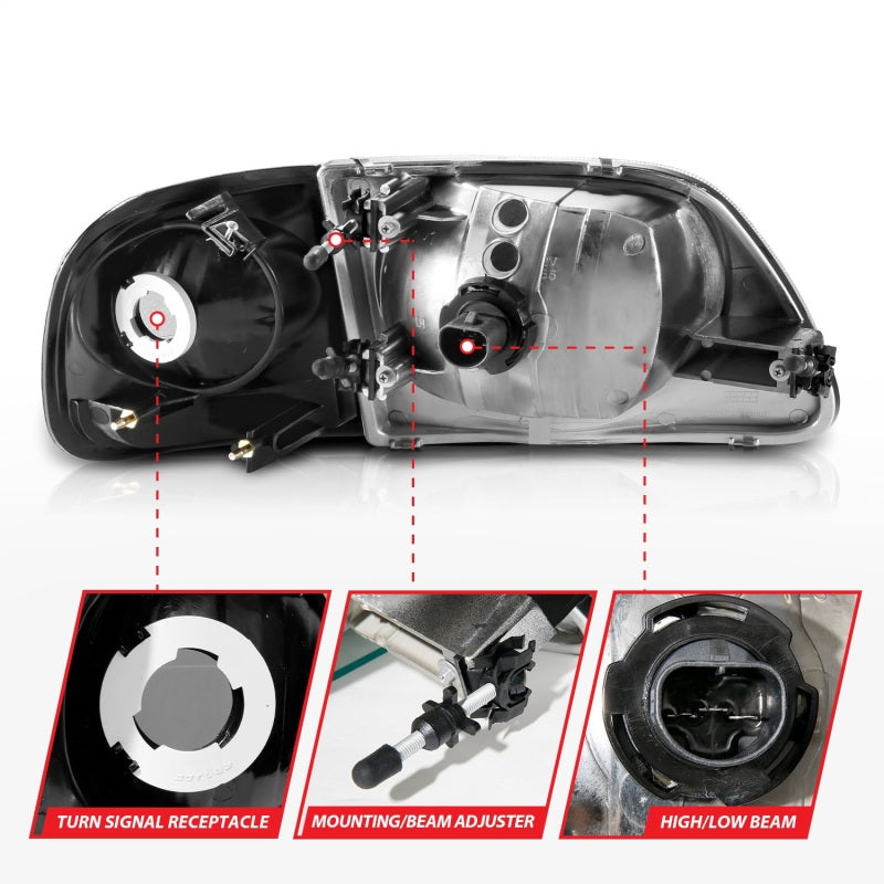 ANZO Crystal Headlights for Ford F-150 1997-2003 with Black Housing and Clear Lenses